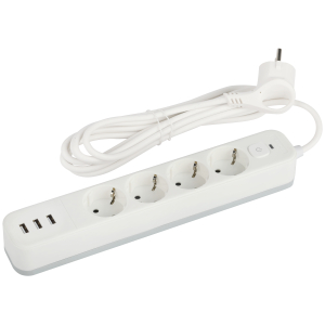 Сетевой фильтр ЭРА USF-4es-1,5m-3xUSBA-W с базовой защитой с заземлением с выключателем 4 розетки+3xUSBA 3,1A 1,5м 10А