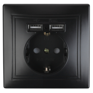 Розетка Intro Plano 1-410-05 с заземлением 2P+E Schuko со шторками 16А-250В + 2хUSB 5В-2 1А IP20 СУ антрацит