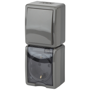 Блок розетка с выключателем ЭРА Эксперт 11-7407-03 IP54 16A-10AX-250В ОУ серый