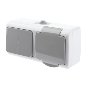 Блок розетка с выключателем Intro Atlantic 5-702-03 двойным 2P+E 10-16А-250В открытой установки гориз. IP54 серый