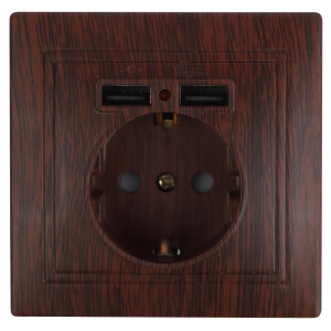 Розетка Intro Plano 1-410-10 с заземлением 2P+E Schuko со шторками 16А-250В + 2хUSB 5В-2 1А IP20 СУ венге