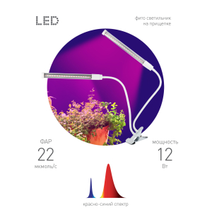 Светильник для растений на прищепке ЭРА FITO-20W-АLED красно-синего спектра 12 Вт