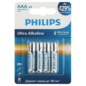 Батарейки Philips LR03E4B/51 ААА алкалиновые 1,5v 4 шт. LR03-4BL Ultra (4/48/144/27648)