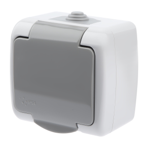 Розетка Intro Atlantic 5-202-03 с заземлением со шторками 2P+E Schuko 16А-250В IP54 ОУ серый