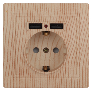 Розетка Intro Plano 1-410-11 с заземлением 2P+E Schuko со шторками 16А-250В + 2хUSB 5В-2 1А IP20 СУ сосна