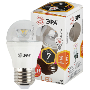 Лампа светодиодная ЭРА STD LED P45-7W-827-E27-Clear 7Вт шар теплый белый свет Е27