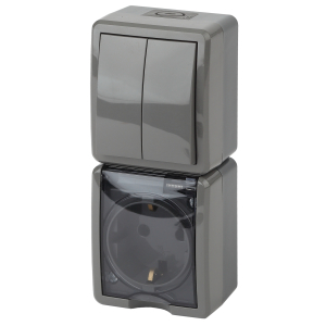 Блок розетка с выключателем ЭРА Эксперт 11-7408-03 двойным вертикальным IP54 16A-10AX-250В ОУ серый