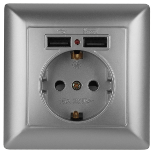 Розетка Intro Solo 4-410-03 с заземлением P+E Schuko со шторками 16А-250В + 2хUSB IP20 СУ алюминий