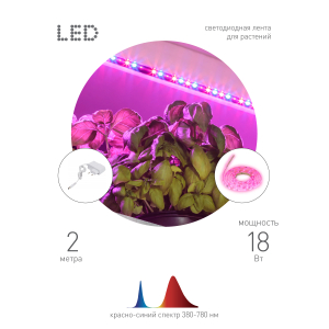 Светодиодная лента для растений ЭРА FITO-Strip Light-RB-2m красно-синего спектра, 2 м, IP65 с адаптером 12V в комплекте