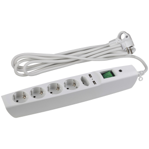 Сетевой фильтр ЭРА  SFU-5es-2m-W с надежной защитой с заземлением с выключателем 5 розеток 2xUSB 2м 10А белый
