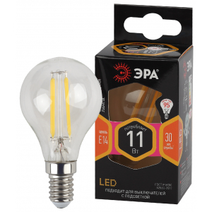 Лампочка светодиодная ЭРА F-LED P45-11W-827-E14 Е14 / Е14 11Вт филамент шар теплый белый свет