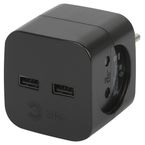 Разветвитель электрический ЭРА SP-2-USB-B на 2 розетки + 2xUSB 2400mA, без заземл 10А (черный)