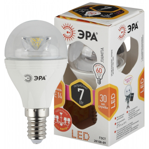 Лампочка светодиодная ЭРА LED P45-7W-827-E14-Clear E14 / Е14 7Вт шар теплый белый свет