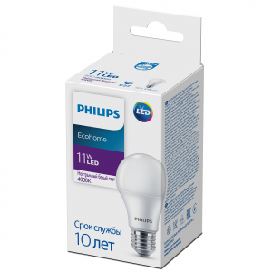 Лампочка светодиодная Philips Ecohome LED A60 11Вт 4000К Е27/E27 груша матовая, нейтральный белый свет
