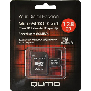 QUMO Micro SDXC 128 Gb Class 10, 90/70 МБ/с UHS-I U3, Pro seria 3.0 + adapt (10/6000)