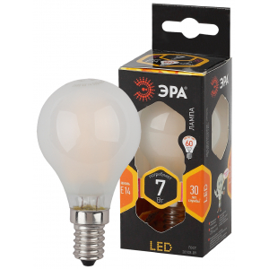 Лампочка светодиодная ЭРА F-LED P45-7W-827-E14 frost E14 / Е14 7Вт филамент шар матовый теплый белый свет