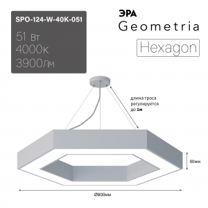 Светильник светодиодный Geometria ЭРА Hexagon SPO-124-W-40K-051 51Вт 4000К 3900Лм IP40 800*800*80 белый подвесной