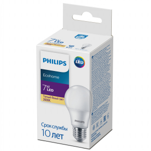 Лампочка светодиодная Philips Ecohome LED A60 7Вт 3000К Е27/E27 груша матовая, теплый белый свет