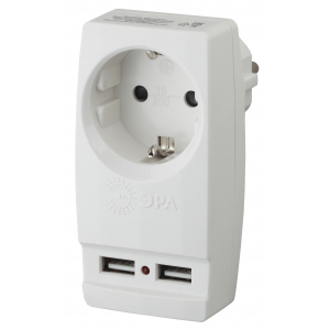 Разветвитель электрический ЭРА SP-1e-USB-W на 1 розетку + 2 USB с заземлением 16А белый