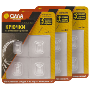 Крючки СИЛА SET12-SH5-S4TR-24 набор 12 шт силиконовые 5х5 см прозрачные до 1 кг (3 блистера)